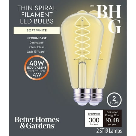 Better Homes & Gardens 4W(40W Equivalent) Soft White Dimmable ST19 Thin Filament Light Bulb E26 Base 2 Pack