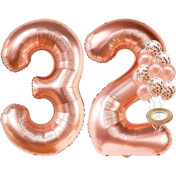 12Pcs Rose Gold 32th Birthday Party Decorations 32Inch Number 32 Foil Balloons 12Inch Latex Confetti Balloons for 32 Year Old Women Lady Birthday Anniversary Party Home Decorations Supplies