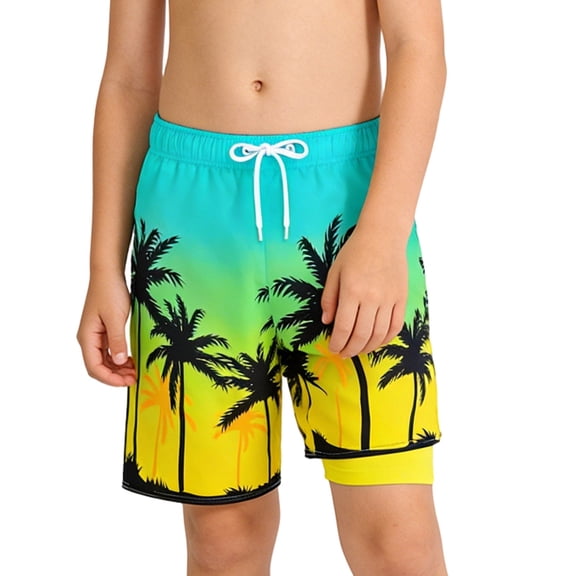 Boys Hawaiian Palm Tree Print Swim Trunks Casual Beach Shorts with Inner Brief Drawstring Closure Summer Swimwear Size 14-16Y