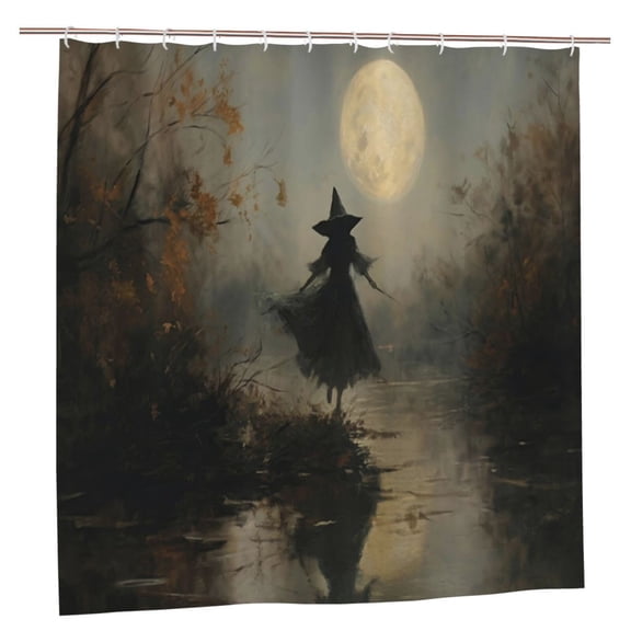 Witch Halloween Shower Curtain, Moon Nature Landscape Fabric Shower Curtain, Waterproof Wrinkle Resistant Durable Bathroom Curtain, 72x72 Inch