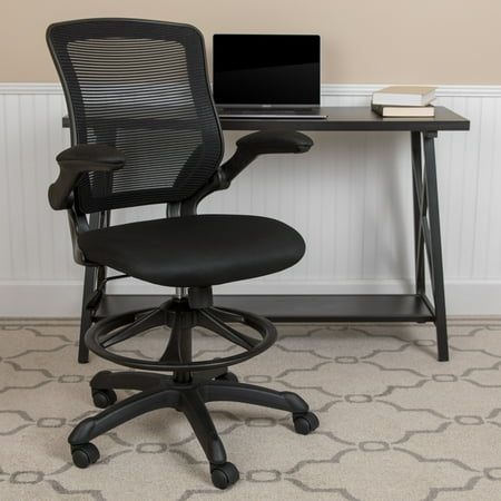 Flash Furniture Mid-Back Black Mesh Ergonomic Drafting Chair with Adjustable Foot Ring and Flip-Up Arms