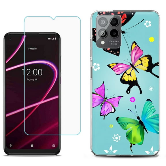 Slim-Fit Gel TPU Phone Case for T-Mobile Revvl 6 Pro 5G, with Tempered Glass Screen Protector, by OneToughShield ® - Butterfly