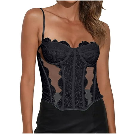Gnurob Women Corset Tops Lace Mesh Bra Spaghetti Strap Bralettes Sexy Shapewear Bras Date Night Top Going Out Party Club Shirt Clearance Deals Black XX-Large