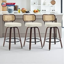 Hassch Mid-Century Modern Swivel Barstools Set of 3, Upholstered PU Leather Seat with Cane Back, Wooden Legs & Metal Foot Ring, 25.6" Seat Height (Beige)