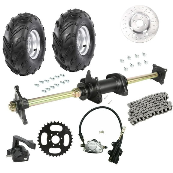 32" Go Kart Rear Axle Kit 4 Stud Wheel Hub 530 Chain Sprocket Brake Caliper Assembly for DIY ATV Quad Buggy 4 Wheeler Taotao with (16x8-7 inch Wheel Tire Rim)