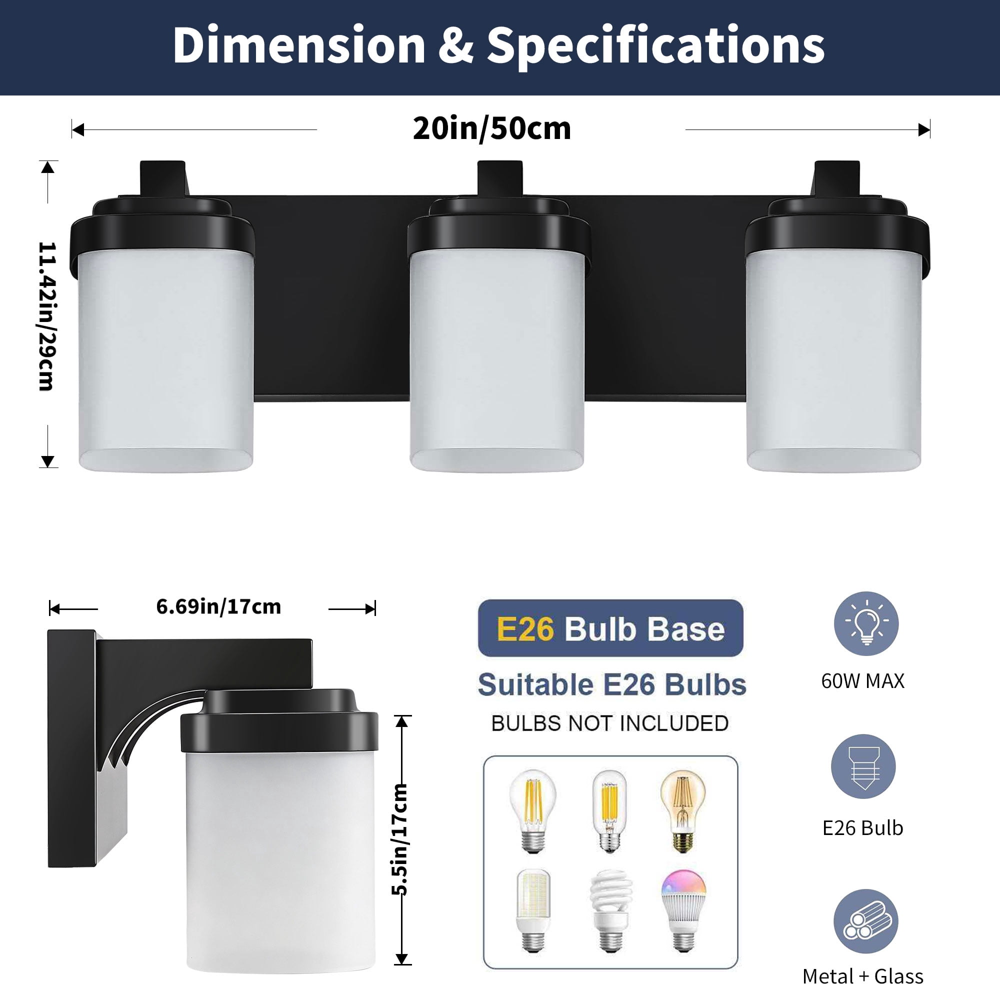 Bathroom Light Fixtures Over Mirror, 3-Light Modern Matte Black Vanity Lights with White Frosted Glass Shade, Bathroom Wall Lamp Sconces for Mirror Bedroom, Living Room Hallway Small Space