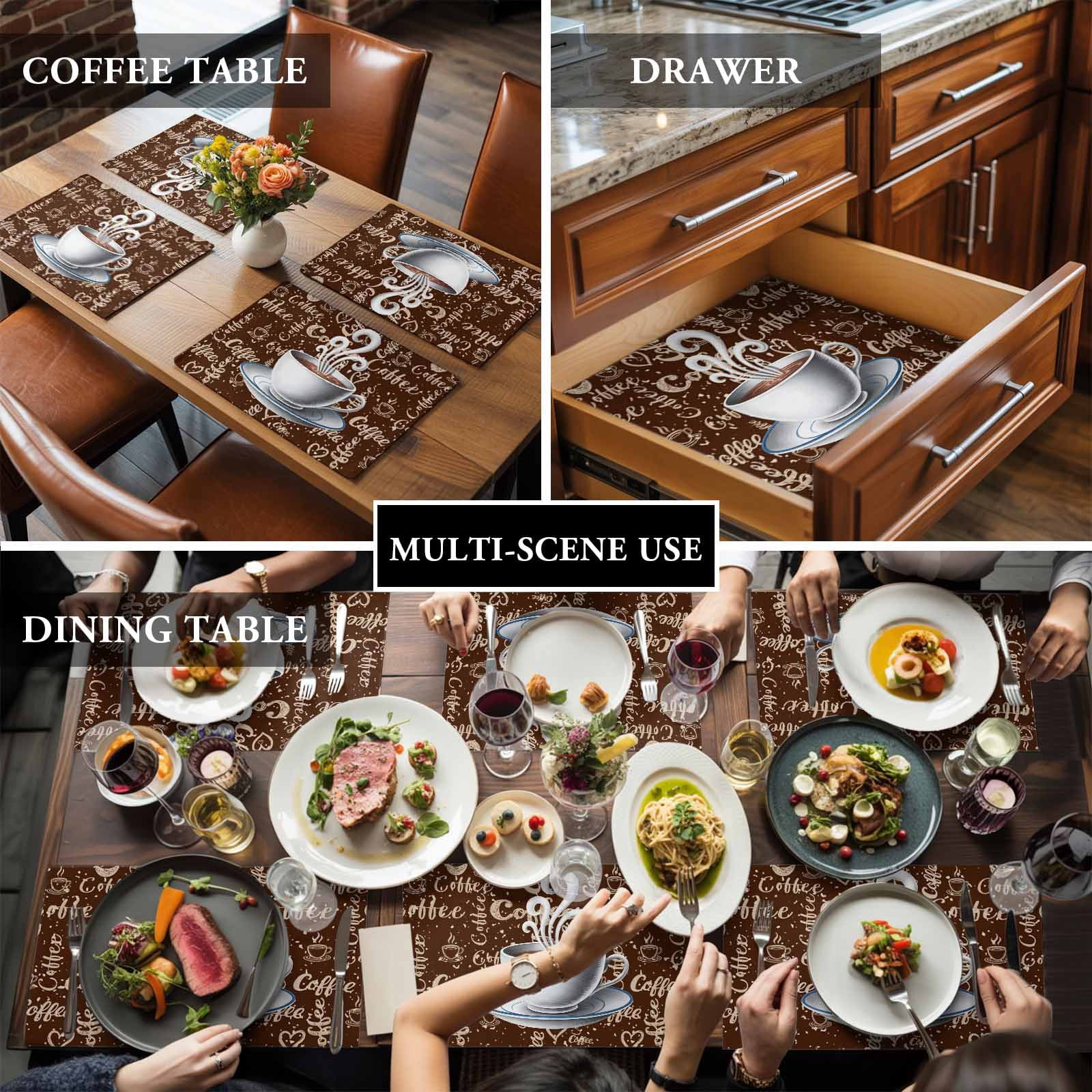 Placemat Set of 4 Coffee Theme Vintage Placemats for Dining Table Retro Country Brown Washable Table Mats for Kitchen and Party Decor Indoor & Outdoor Use