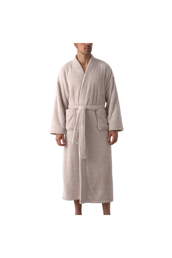 Men's Billowy Fleece Bath Robe Belt Cold Weather Drop Shoulder Baggy Fall Bathrobes Bathrobe Chunky Comfy Beige Small