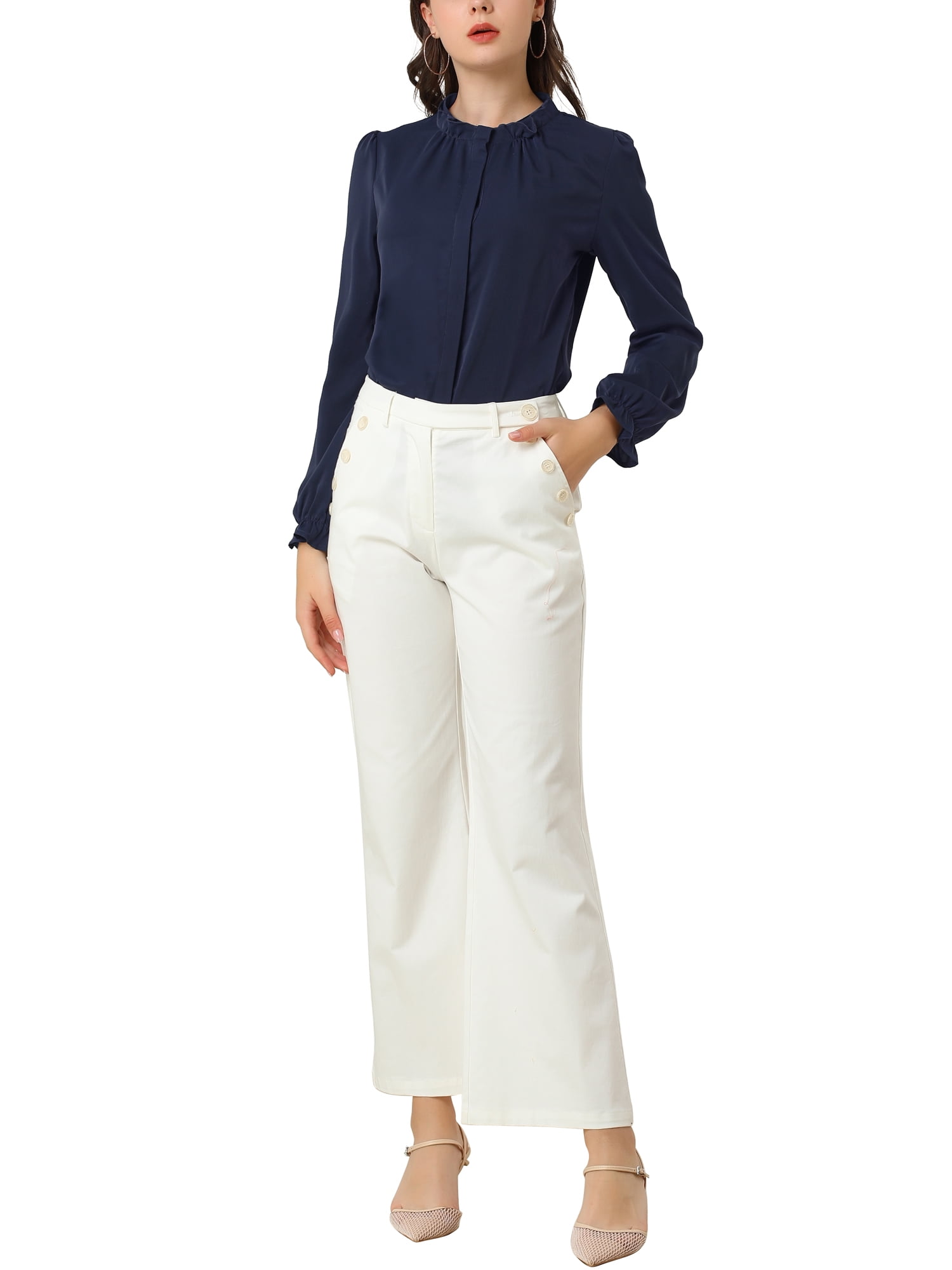 DARING DIVA Women's Chiffon Stand Collar Ruffled Trim Work Blouse XL Navy Blue