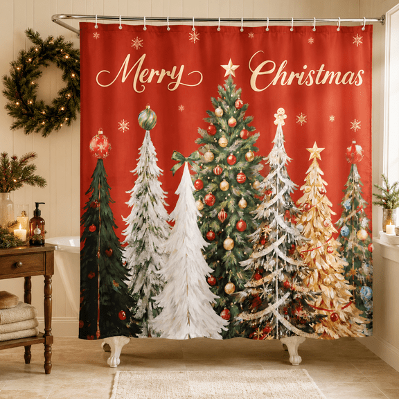 SEISSO Merry Christmas Shower Curtain Snowflake Xmas Tree Shower Curtain Set Water Repellent Shower Curtain for Bathroom 72" W x 72" L