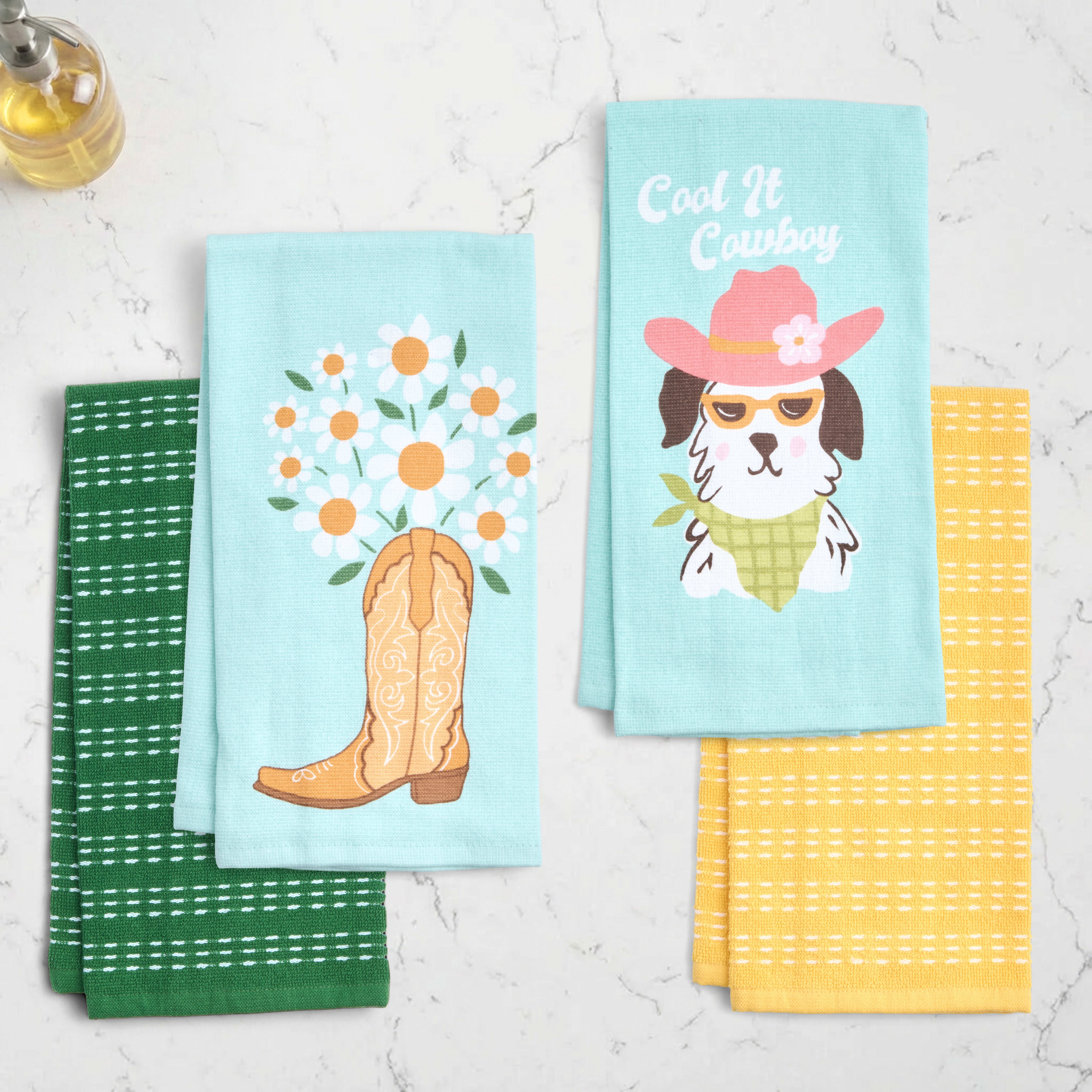 RITZ 100% Cotton Summer Kitchen Towels, Set of 4, Cowboy Daisy Dish Towels Set