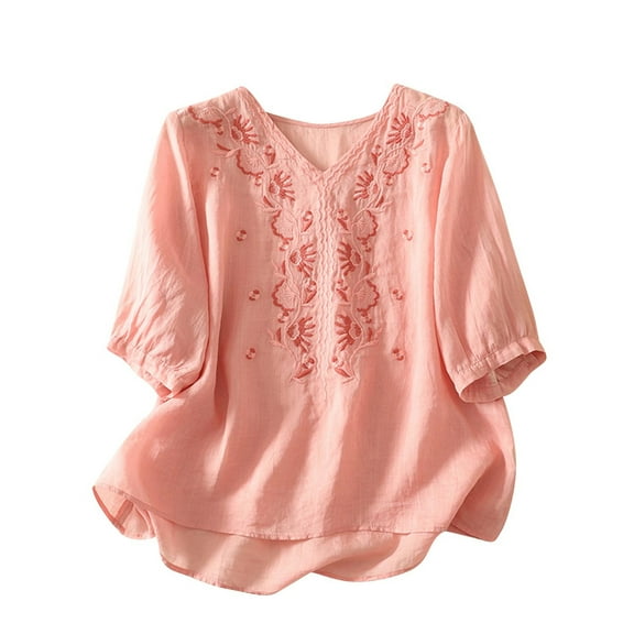 UAMVSH Women 3/4 Sleeve Shirts Loose Fit Cotton Linen Casual V-Neck Tops Trendy Embroidered Lightweight Blouses Summer Fall(X-Large,Pink)