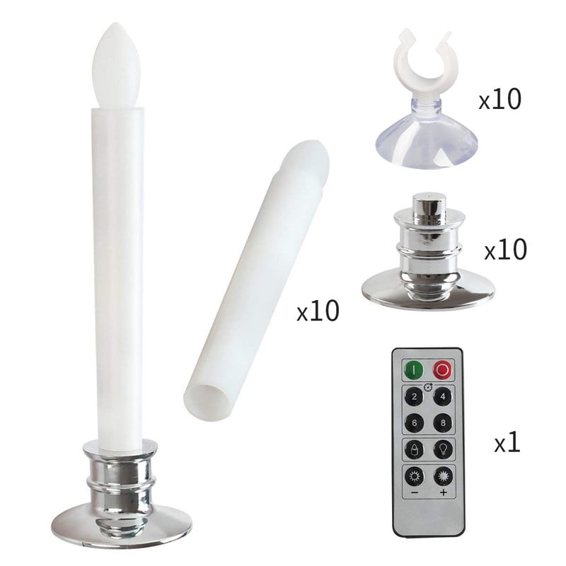 10pcs Remote Controlled Flameless Taper Candles with Automatic Timer and Suction Cups Flickering Battery LED Candles for Year-Round Home Decor, Christmas Wedding Centerpiece