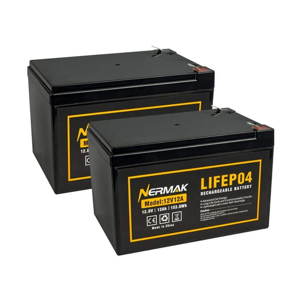 NERMAK 2 Pack 12V 12Ah LiFePO4 Deep Cycle Battery, 2000+ Cycles Lithium Iron Phosphate Rechargeable Battery for Solar Power,UPS,Lighting, Power Wheels, Fi