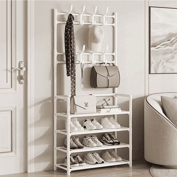 HioHa Coat and Shoe Rack, 4-Tier Hall Tree with 8 Double Hooks, Freestanding 24x10x61 Inch Storage Organizer for Entryway Hallway Bedroom Office, White