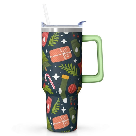 40 Oz Holiday Reindeer Tumbler With Handle, Coffee Travel Mug Cup, Christmas Decor