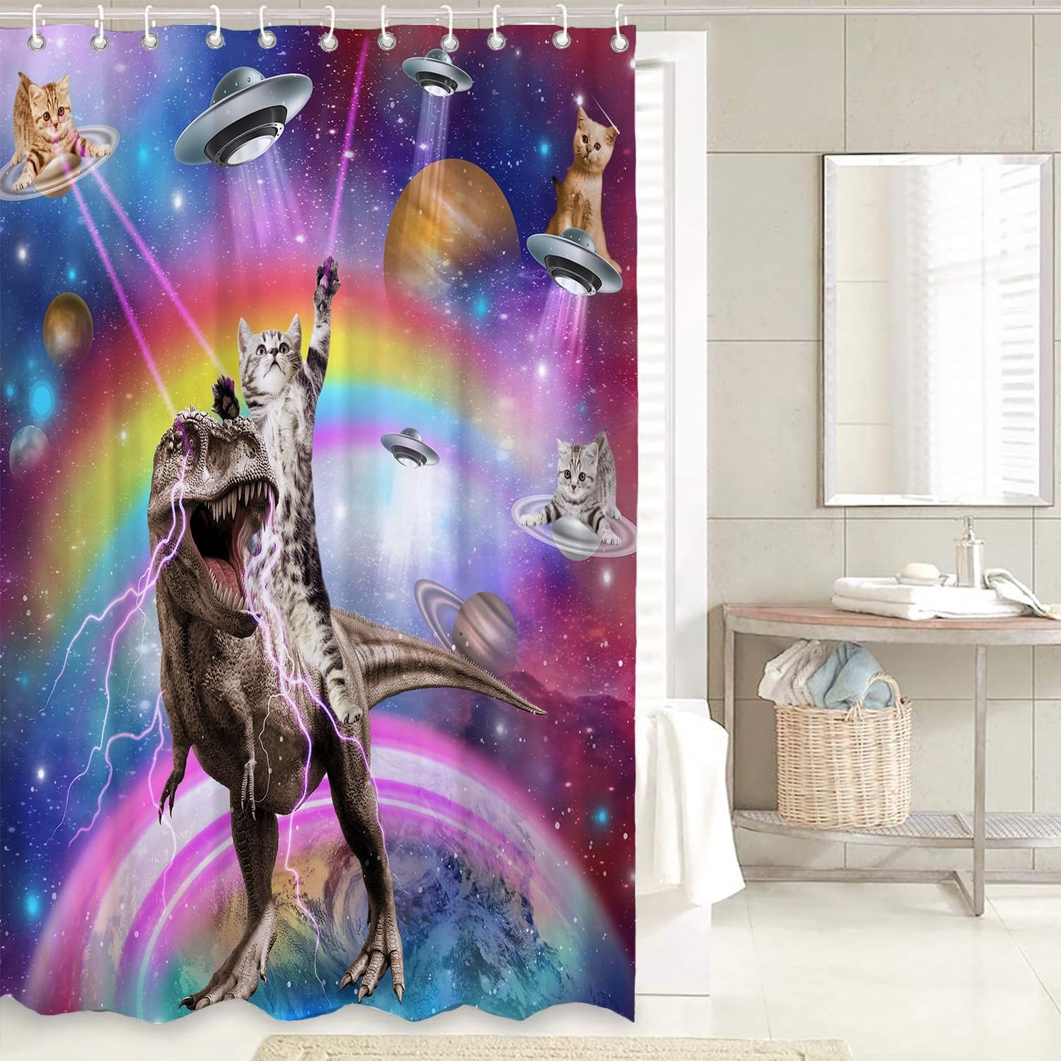 4 Pcs Kids Boys Shower Curtain Sets with Non-Slip Rugs, Cartoon Planet Cute Universe Galaxy Space Moon Kid Shower Curtain Bathroom Set Baby Cosmos for Boys Girls Kids Bath Curtain 72x72In
