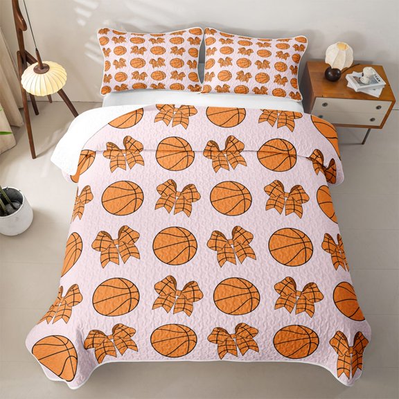 Erosebridal Orange Basketball Twin Quilt Set for Girls, Cartoon Bow Ball Twin Coverlet Set, 2pcs