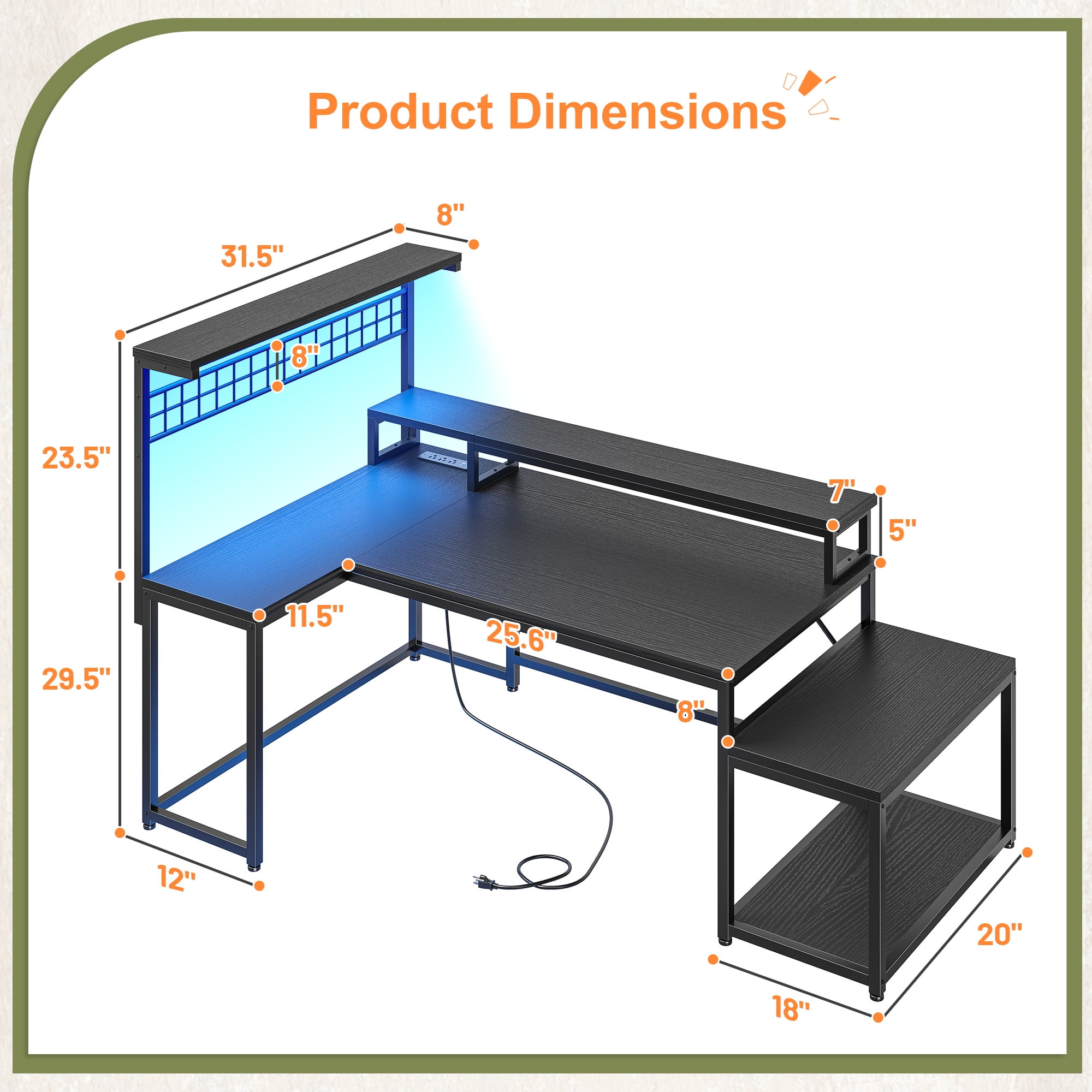 Romorgniz 55.6"W L Shaped Computer Desk with LED Lights & Power Outlets, Gaming Desk with Monitor Stand, Printer Stand & Storage Shelves for Home Office, Black
