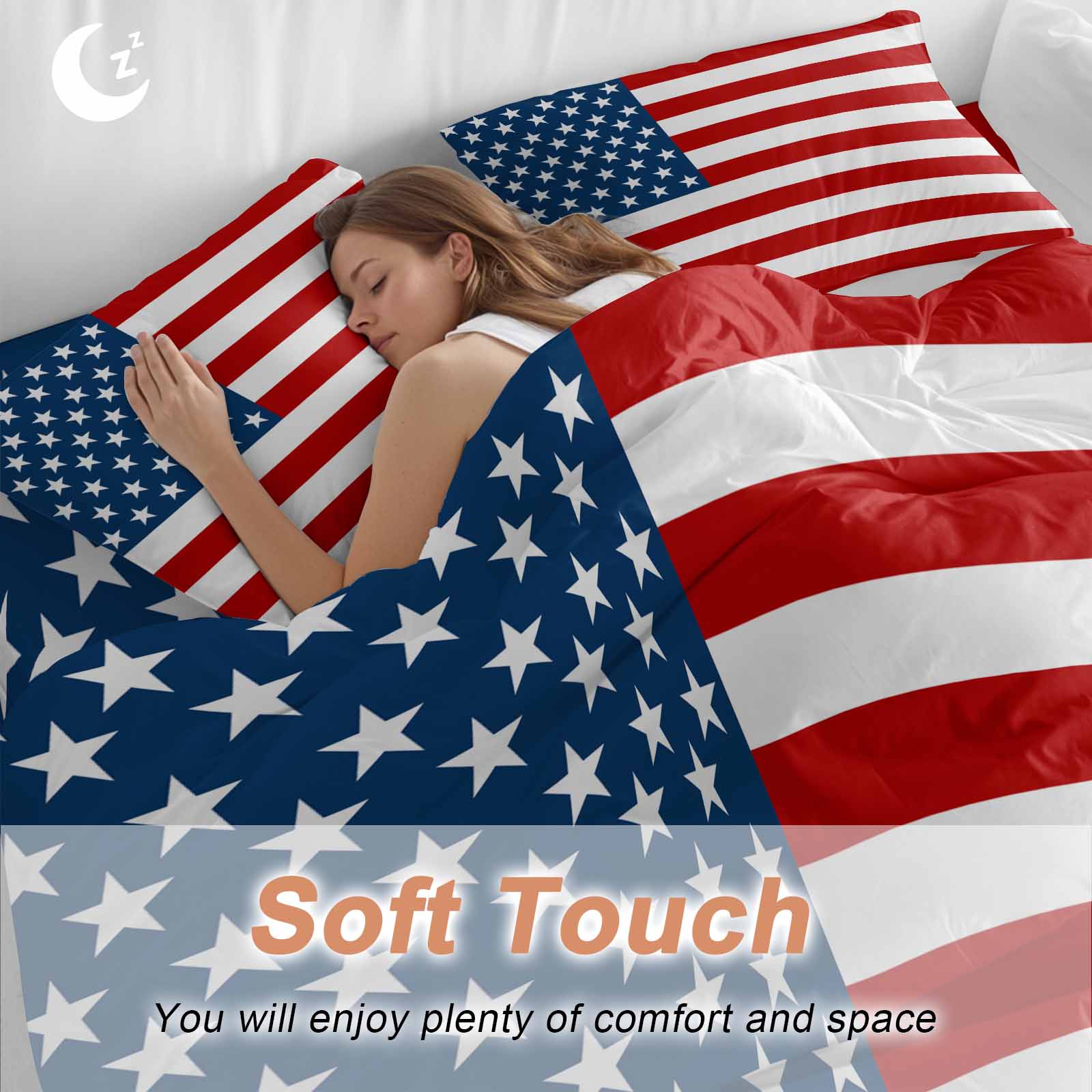 American Flag Duvet Cover Set, Blue Red USA Flag Soft Duvet Cover Full Size Bedding Set 4 Pieces, 1 Quiltcover and 2 Pillowcases with Zipper, 1 Bed Sheet for All Seasons