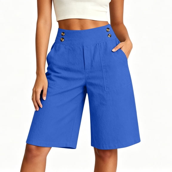 Ounisa Women's Solid Button Cotton Linen High Waist Pocket Five Point Shorts Breathable Soft Non Iron Comfortable Relaxed Fit Shorts