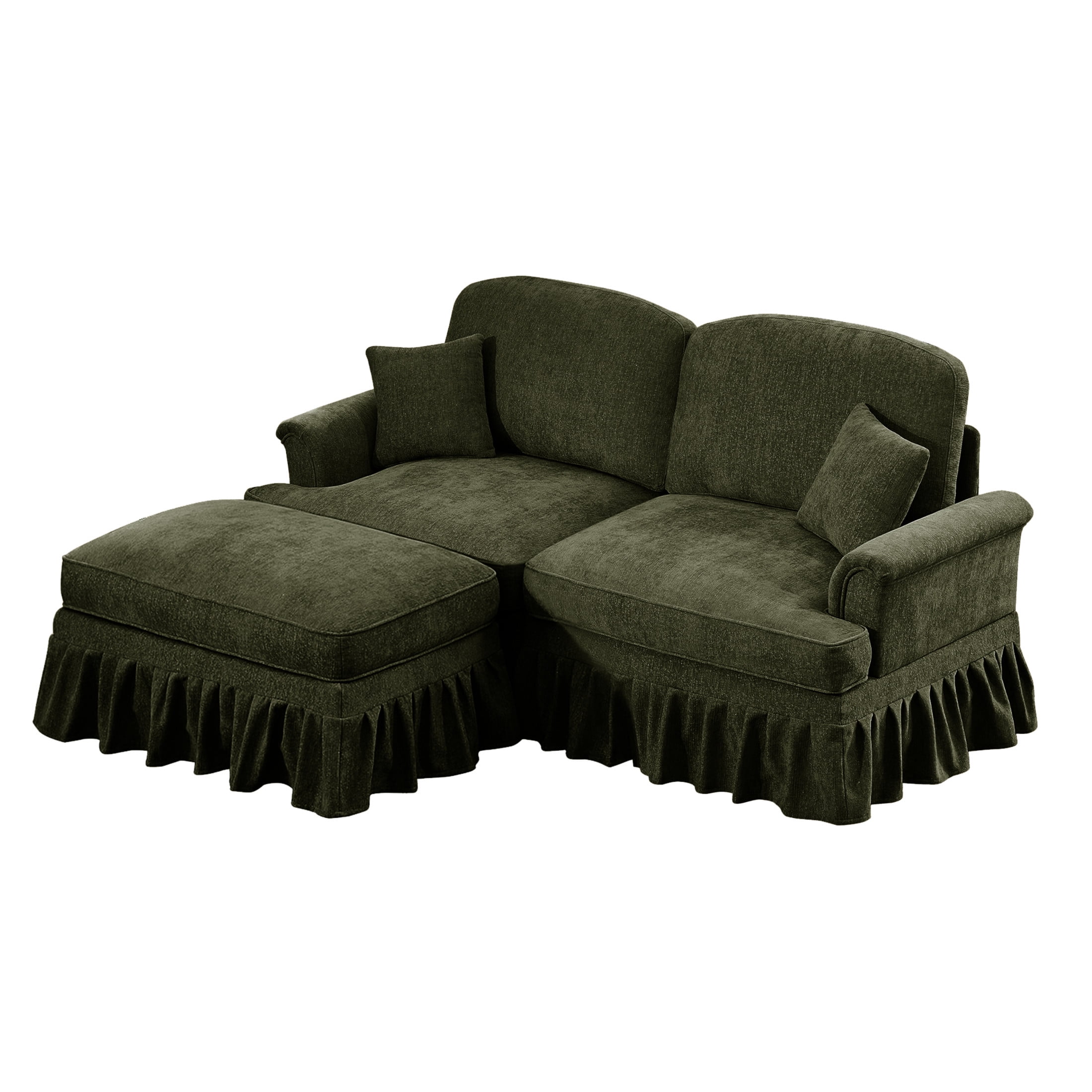 Noble House L-Shaped 2-Seater Sofa with Flared Arms, Removable Pleated Skirt, Spindle Legs, Chenille, Movable Ottoman, Green