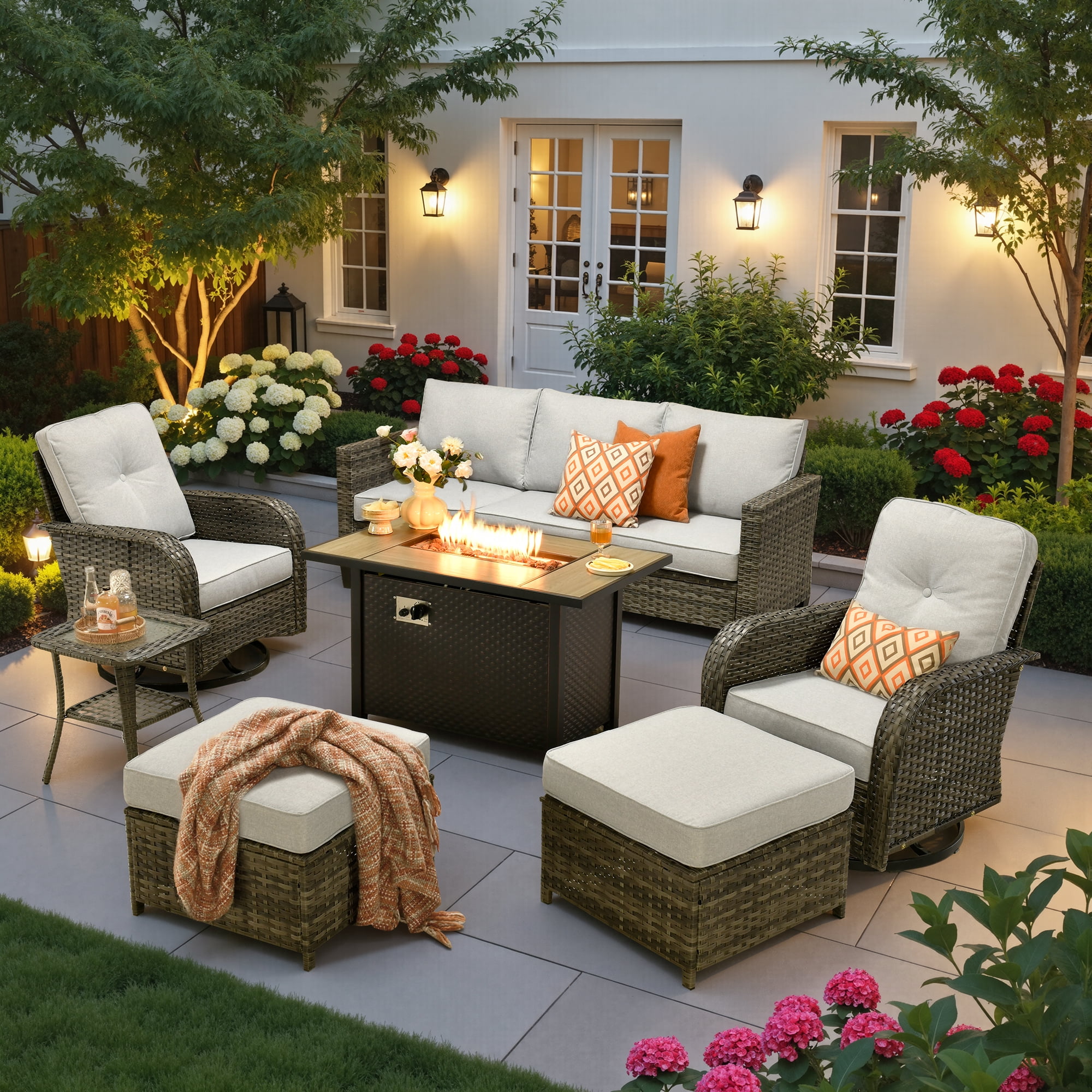 Ovios 7 Pieces Patio Furniture Set Outdoor Conversation All-Weather Rattan Sectional Sofa with Fire Pit Table & Swivel Chairs