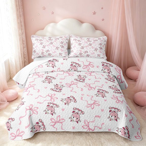 Erosebridal Cute Ribbon Twin Quilt Set, Cute Bow-Tie Twin Coverlet Set, Pink Reversible, Pink White, 2-Piece (1 Bedspread and 1 Pillowcase)