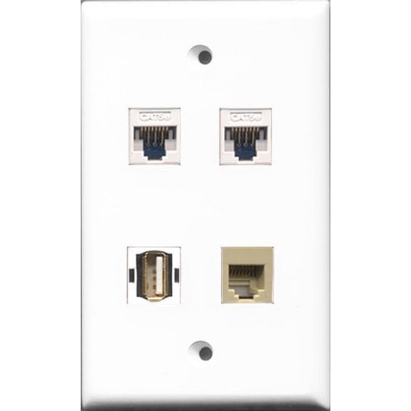 RiteAV - 1 Port USB A-A and 1 Port Phone RJ11 RJ12 Beige 2 Port Cat5e Ethernet White Wall Plate