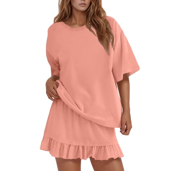 Daznico Women's Ruffle Hem Pajama Set, Oversized Short Sleeve Top & Skort, Casual Sleepwear,L