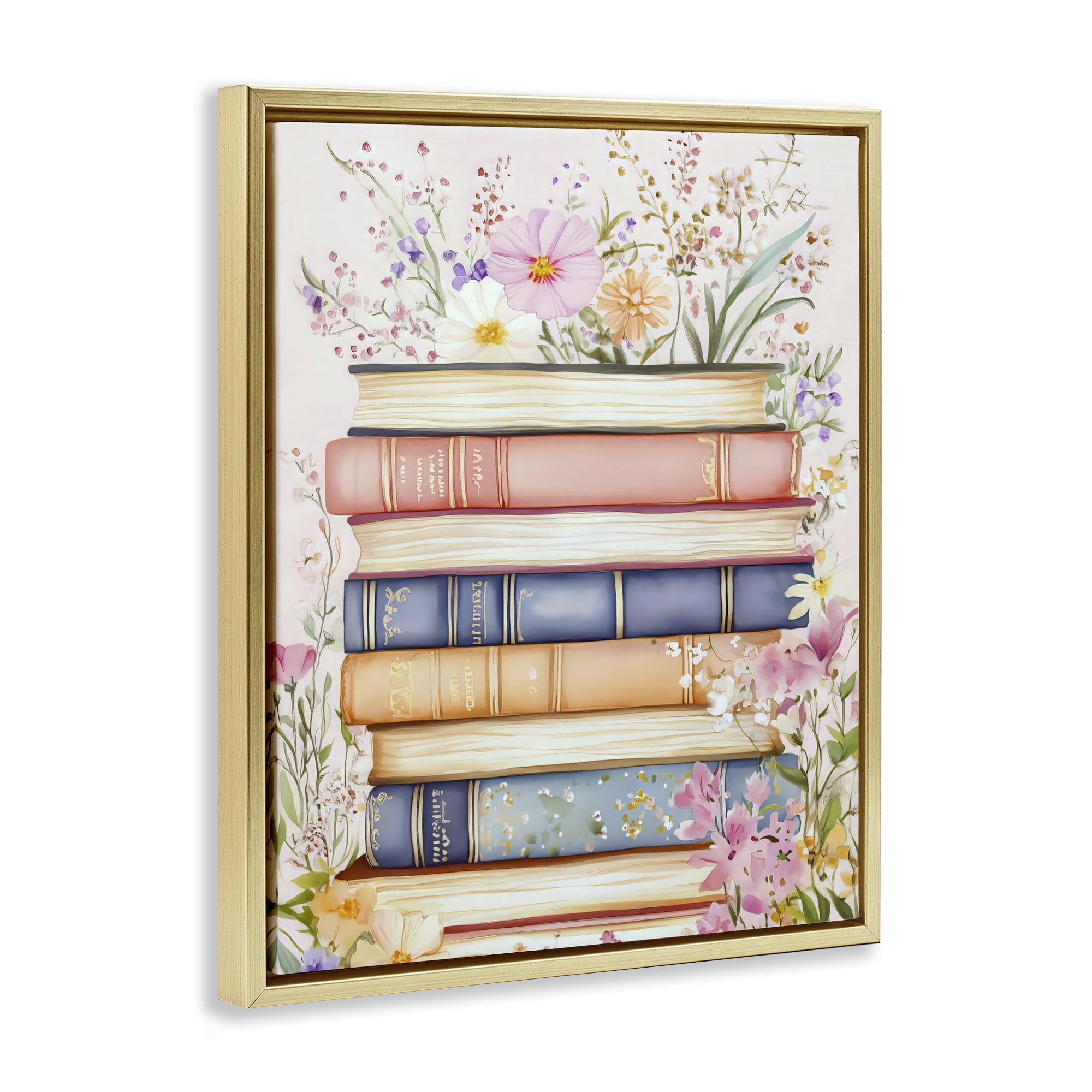 Stupell Industries Blooming Bookstack in Pastels Gold Framed Floater Canvas Wall Art, design by LSR Design Studio