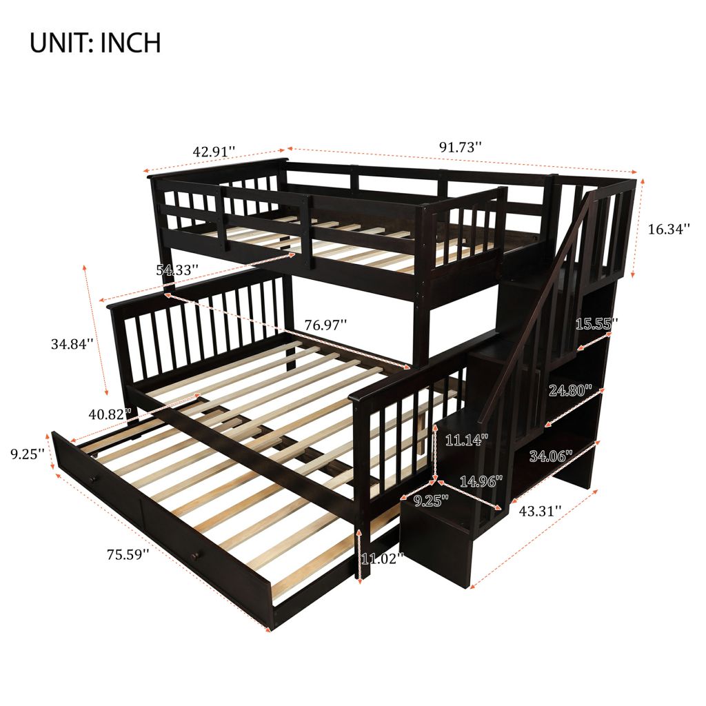 Stairway Bunk Bed Twin Over Full with Twin Trundle, Stairs, Storage and Guard Rail for Bedroom, Dorm, Solid Wood Twin-Over-Full bed, Saving Space, Espresso - image 5 of 7