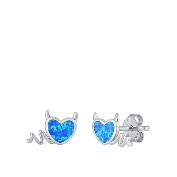 Sterling Silver Little Heart Devil Blue Simulated Opal Earrings 925 Jewelry Female Unisex