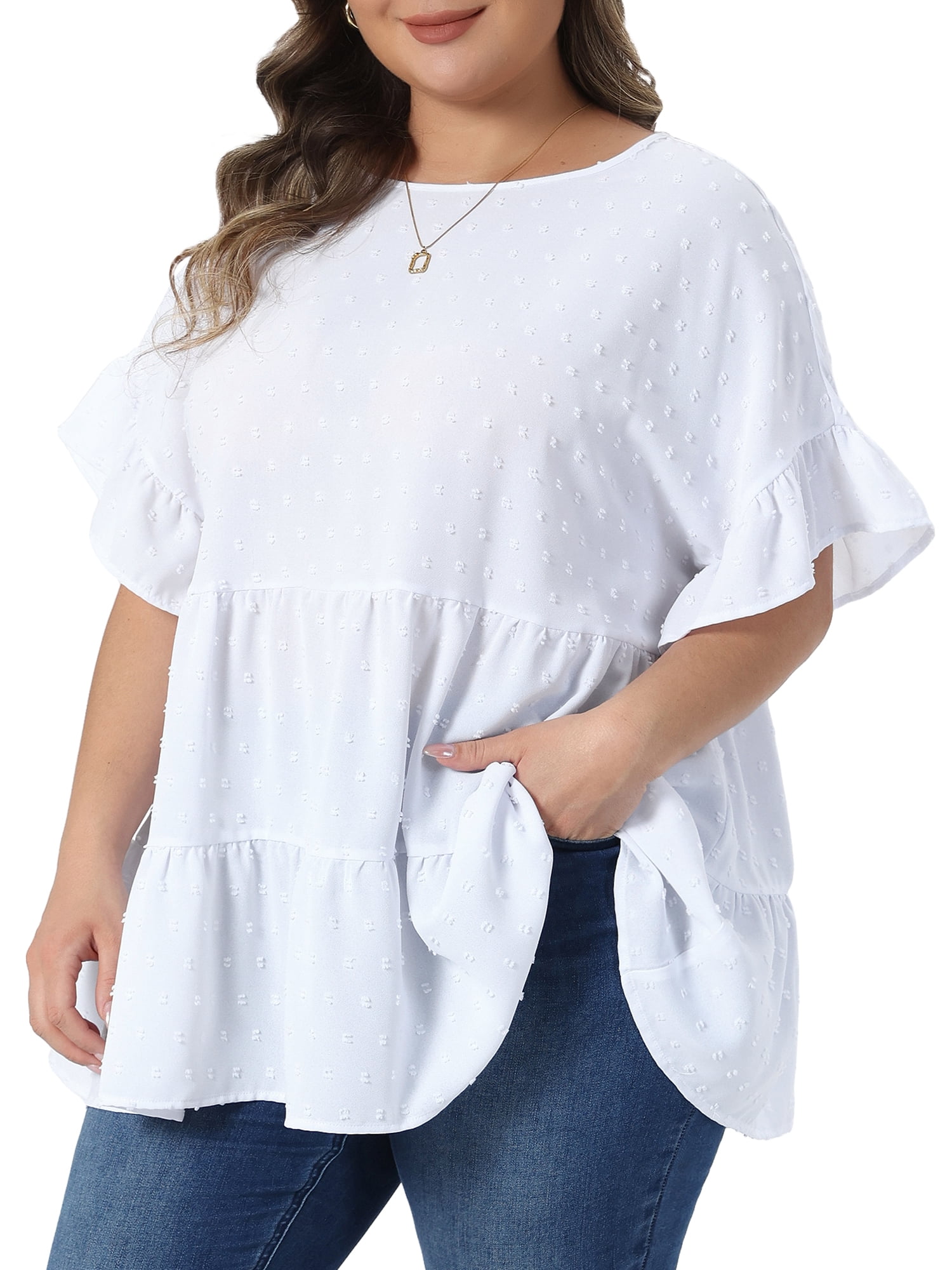 Women's Plus Summer Tops Crew Neck Ruffle Short Sleeve Tiered Swiss Dots Blouses 4X White