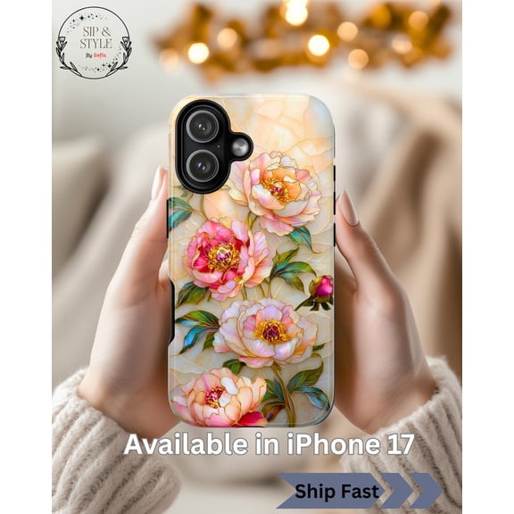 Peony Stained Glass Print, iPhone Samsung Tough Phone Case, Floral Marble Art