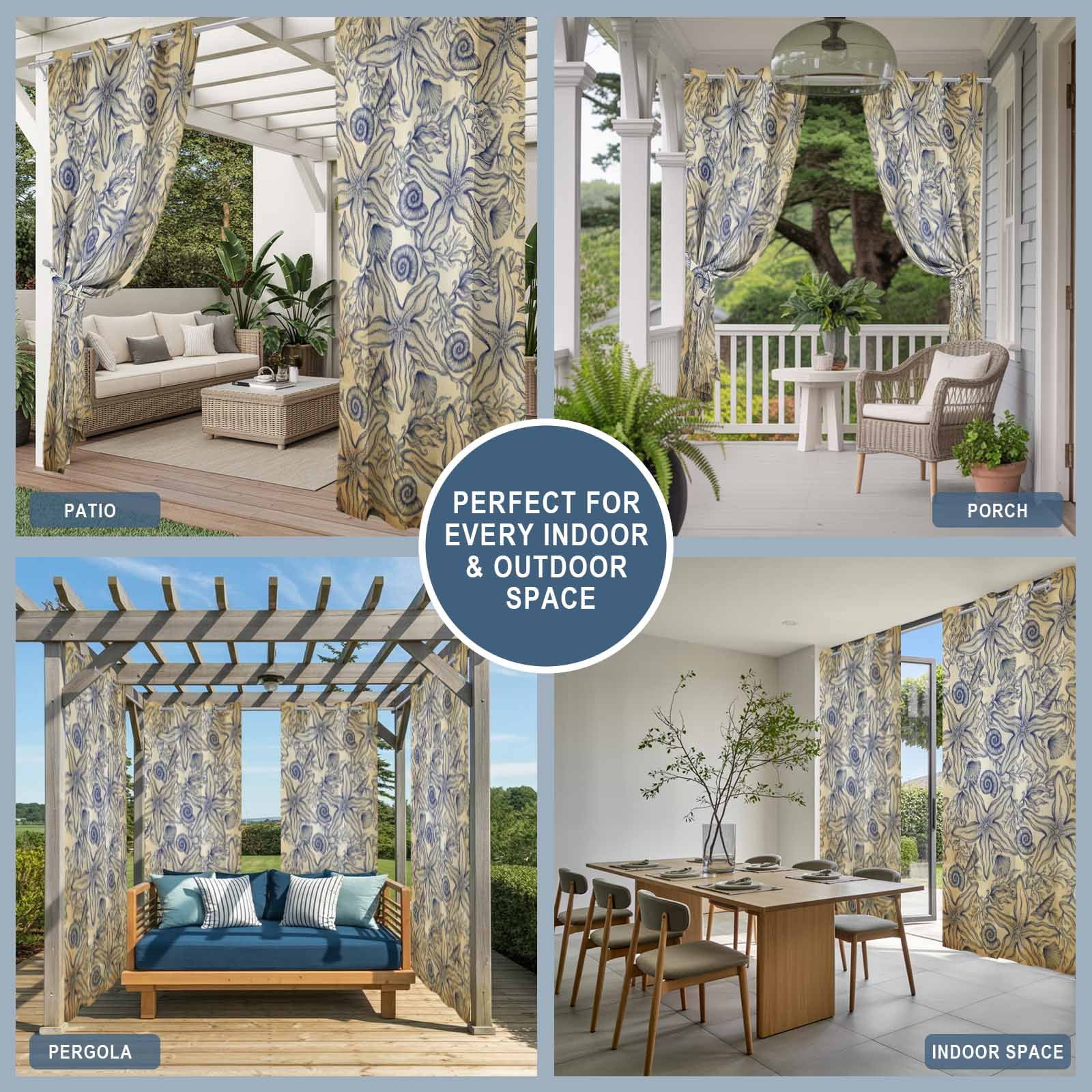 Vintage Ocean Flower Outdoor Curtains for Patio, Retro Nautical Brown Sea Shell Floral Sunshade Privacy Drapes Grommet Waterproof Outside Curtains for Porch/Cabana/Balcony 54"x 108", 1 Panel