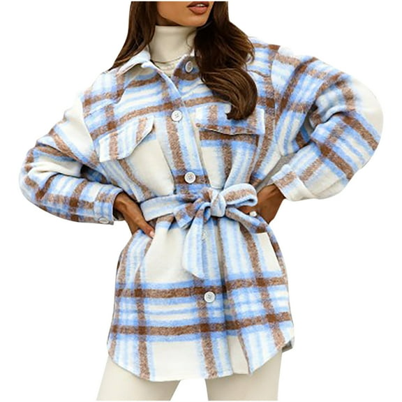 kakina CMSX Womens Jackets and Coats , Women's Lapel Tie Two-Tone Woolen Coat Plaid Shirt Blouse Blue, L
