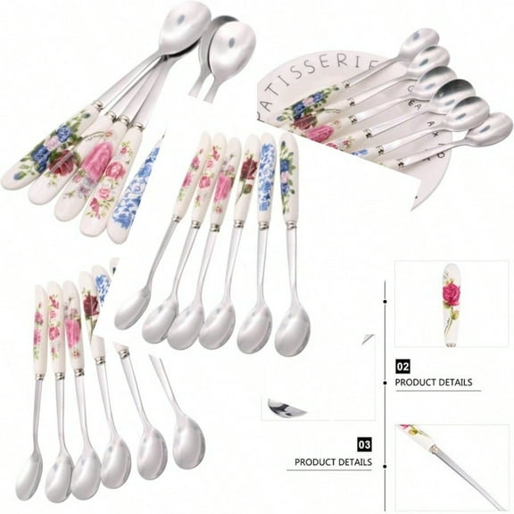 6 Pack Stainl Steel Coffee Spoon Ceramic Handle Teaspoon Sugar Ice Cream Desert Spoon Stirring Soup Tableware