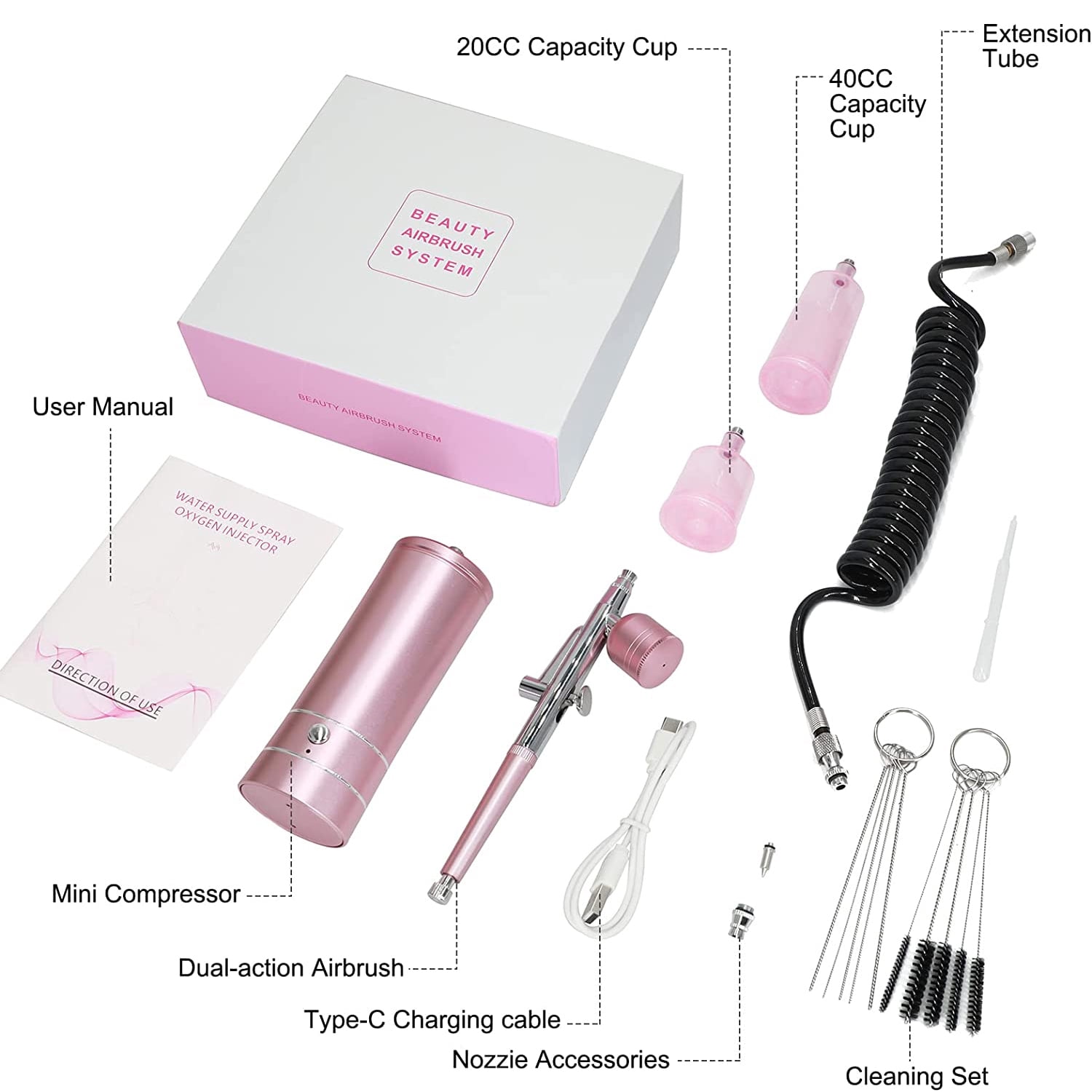 Prociv Airbrush Kit with Compressor, Auto Handheld Airbrush Gun with 0.3mm Tip, Rechargeable, Portable Air Brushes for Painting, Tattoo, Nail Art, Model Coloring, Makeup, Pink