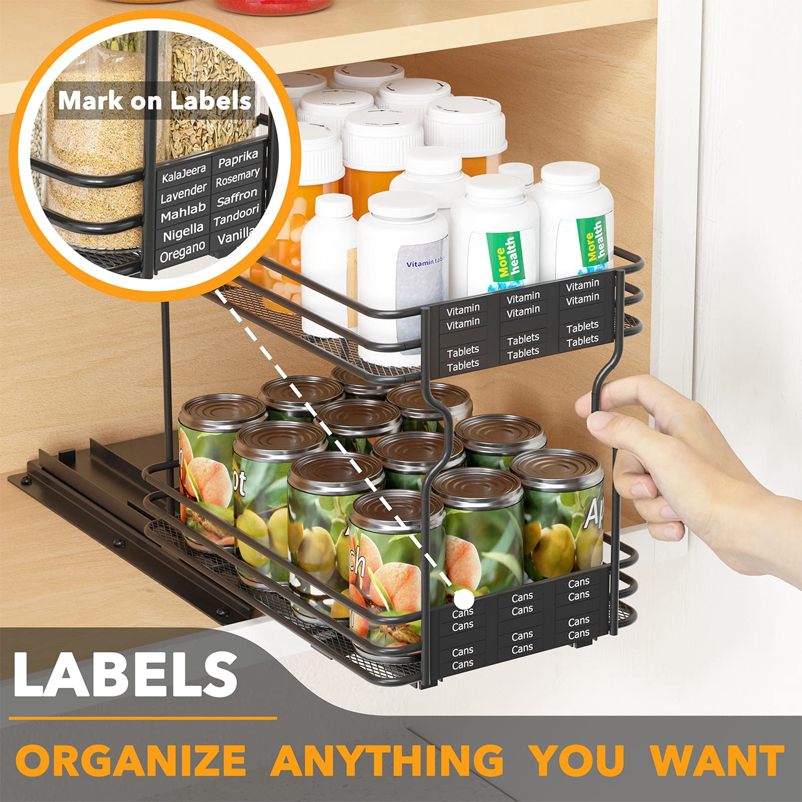 Pull Out Spice Rack Organizer For Cabinet  Heavy Duty Slide Seasoning Kitchen With Labels And Chalk Marker 6.5" W X10.75 D X8.5 H 1 Drawer 2-tier