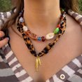 thumbnail image 2 of PISONIC Women Vintage Leopard Print Ribbon Beaded Necklace, Multicolor Stone‑Look Beads with Gold‑Tone Double Fish Pendant Statement Collar Necklace, 2 of 7