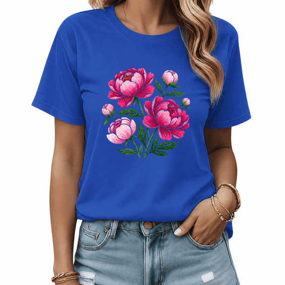 UNISHE Women Pink Peony Flower Bouquet Watercolor Graphic Short Sleeve T-Shirt Blue Top