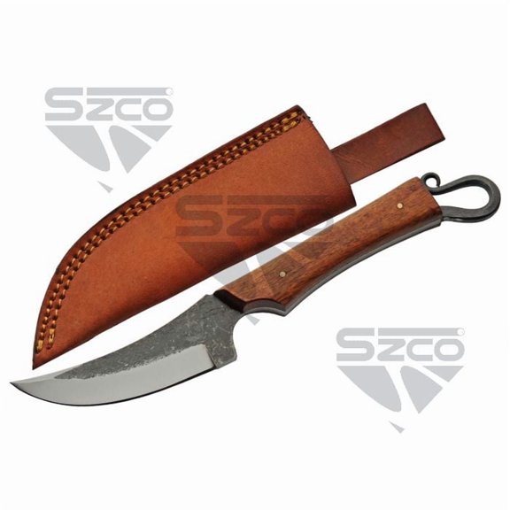 SZCO 9.75-Inch Artisan Forged Field Knife 4-Inch 1045 Carbon Steel Blade with 5.75-Inch Curved Wood Handle and Leather Sheath