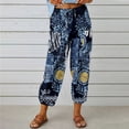 thumbnail image 2 of Pantalones de pierna ancha para mujer, estampado floral, cintura elástica, cierre con cordón, pantalones cortos con puños ceñidos, amarillo S, 2 of 6