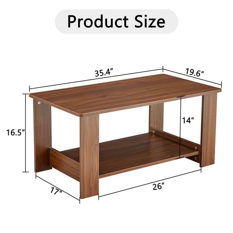 2024 New Rectangular Coffee Table with 2 Tier Storage Shelf Solid Wood Legs Center Table for Living Room Wooden Farmhouse Coffee Table Walnut