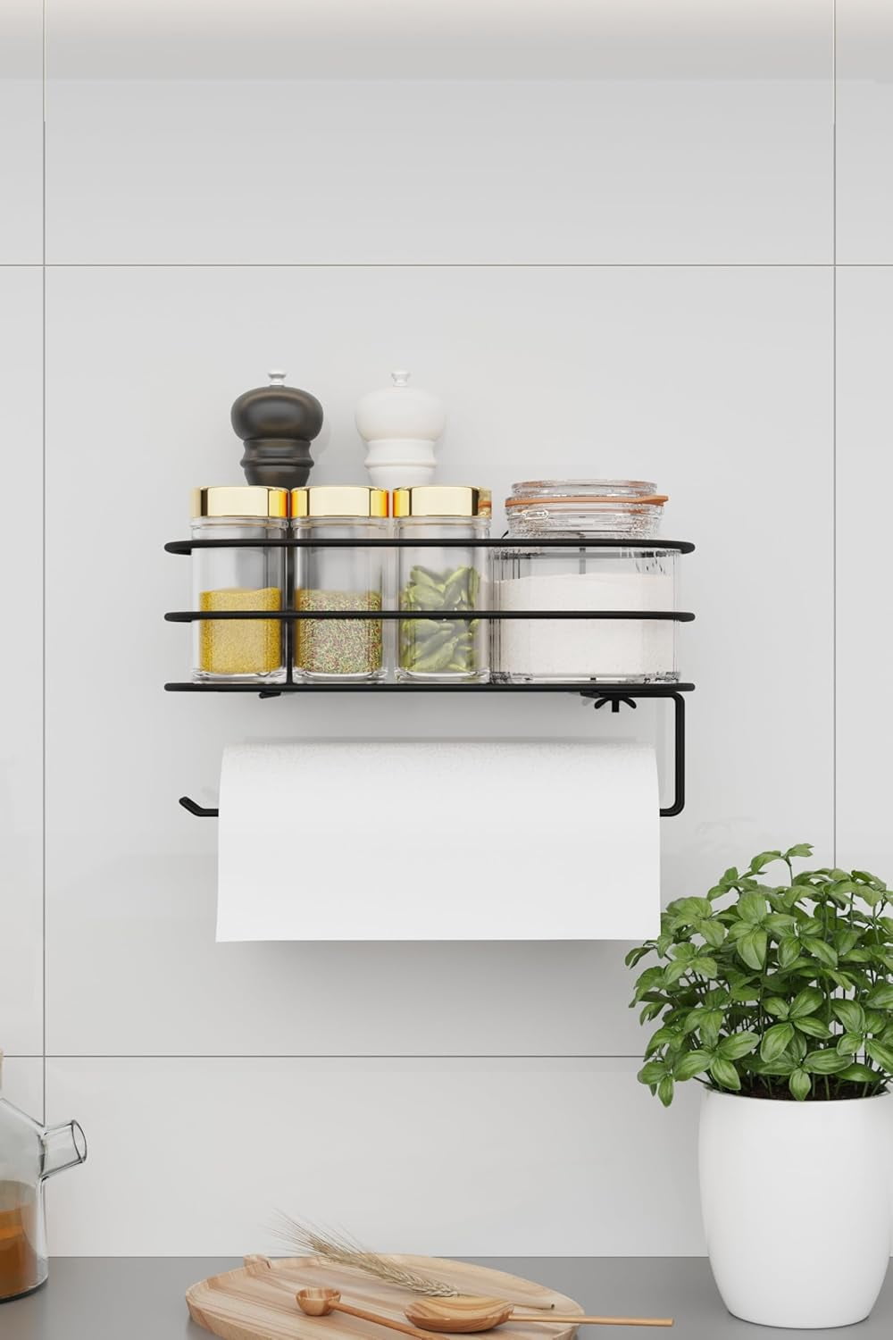 Adhesive Paper Towel Holder – Matte Black Kitchen Towel Rack, No-Drill Napkin Organizer, Wall-Mounted Stainless Steel Towel Dispenser, Modern Kitchen & Bathroom Decor