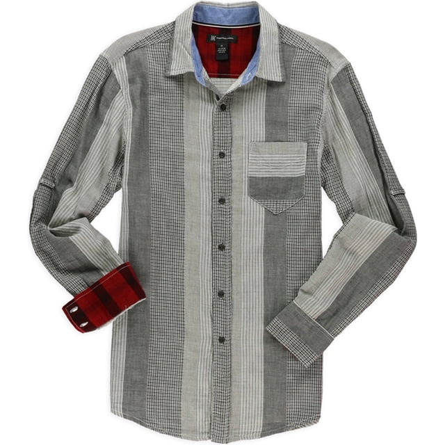 INC Camisa con botones a rayas para hombre, gris, mediana I-N-C Botones al frente