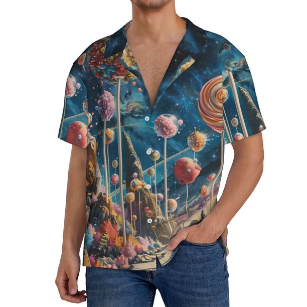 Fotbe Starry Sky Planet Lollipop Camisa Estampada de Manga Corta para Hombre, Casual de Verano, Estilo Playero, Sin Arrugas-Large
