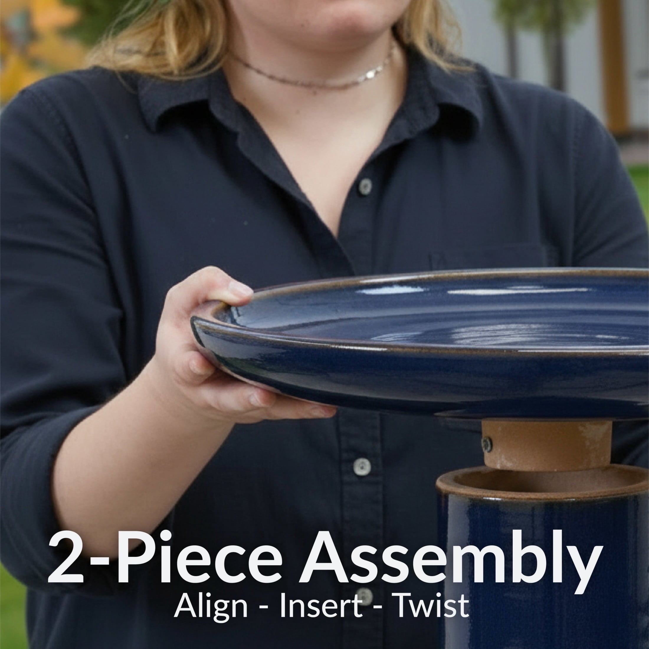 Sunnydaze Duo-Tone Freestanding Ceramic Outdoor Bird Bath, UV-Resistant Midnight Blue Finish
