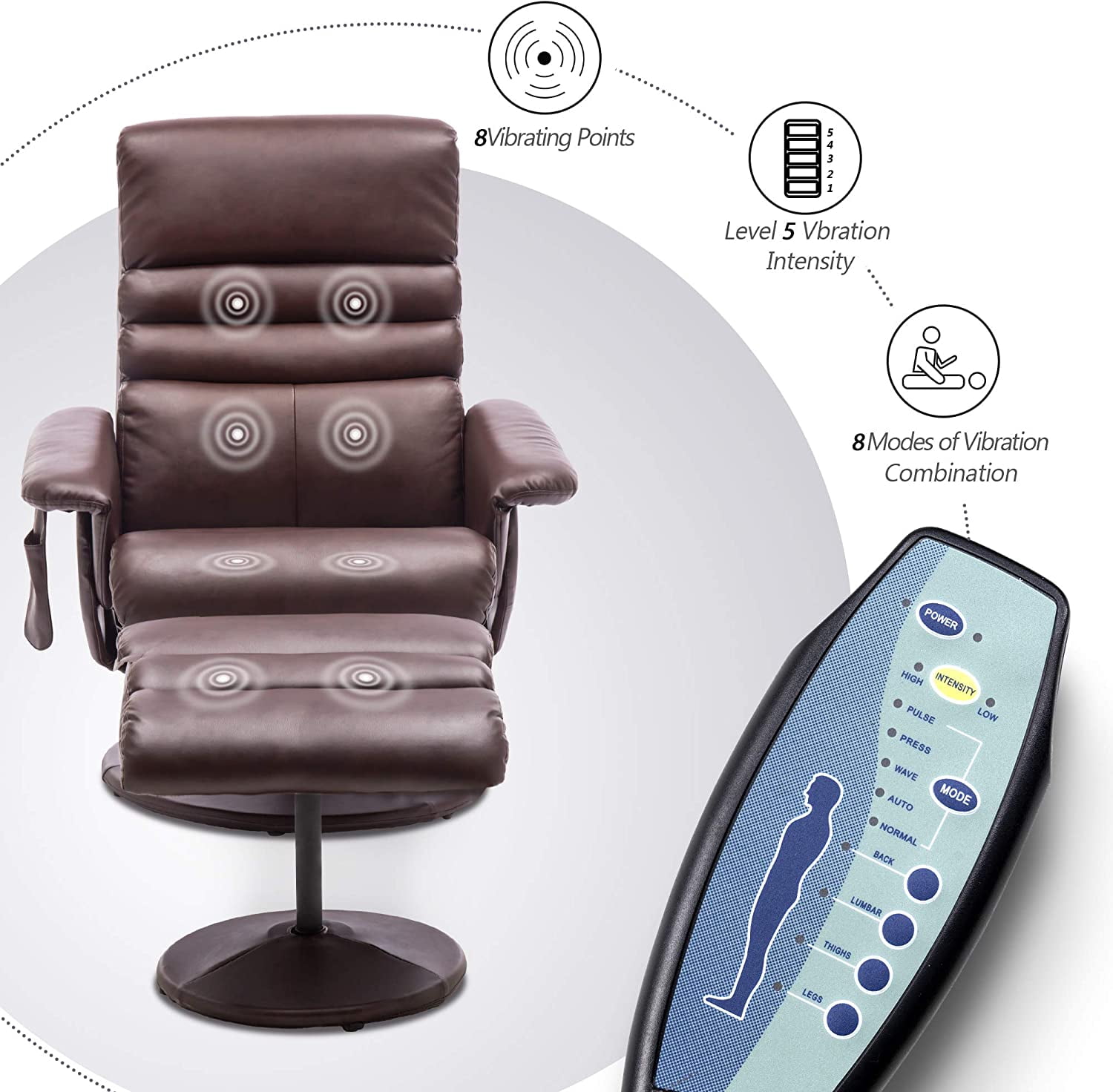 MCombo 360 Swivel Massage Recliner Chair with Ottoman for Living Room, Faux Leather, Dark Brown